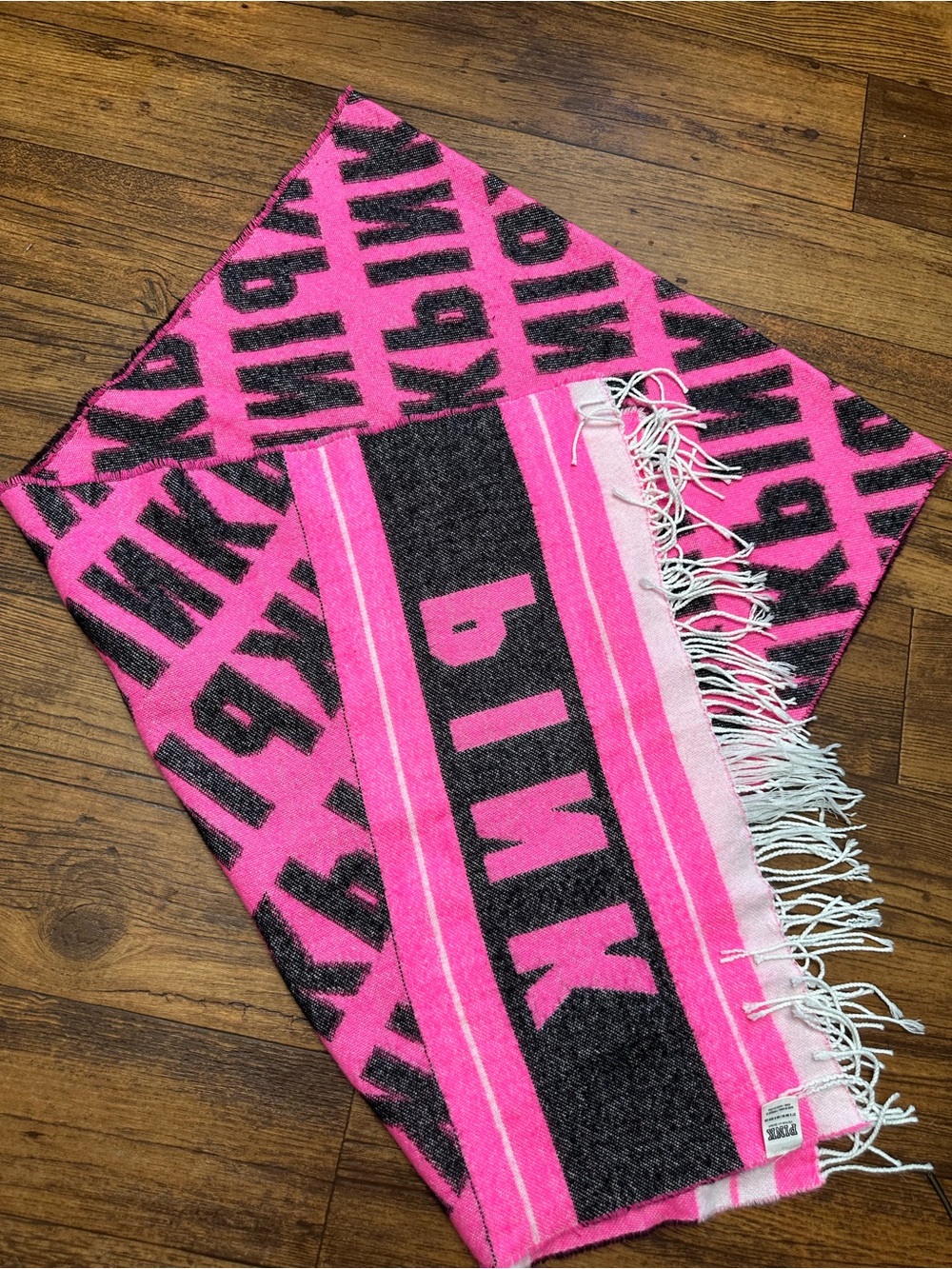 PINK Victoria's Secret Pink and Black Logo Fringe Scarf